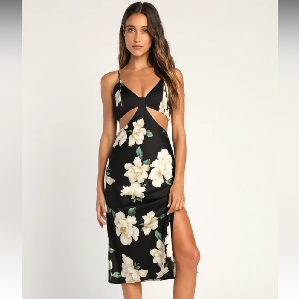 My Amour Black Floral Print Satin Cutout Midi Dress